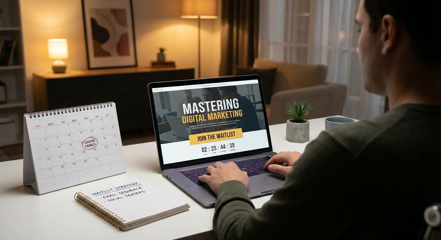 Excited online course creator celebrating a successful waitlist-driven launch