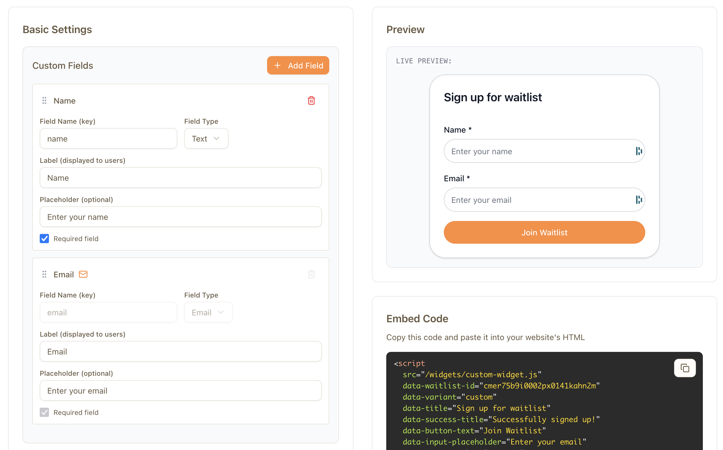 FreeWaitlists widget builder customization interface